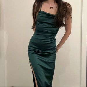 Alessia Satin Cowl Neck Slit Dress in Hunter